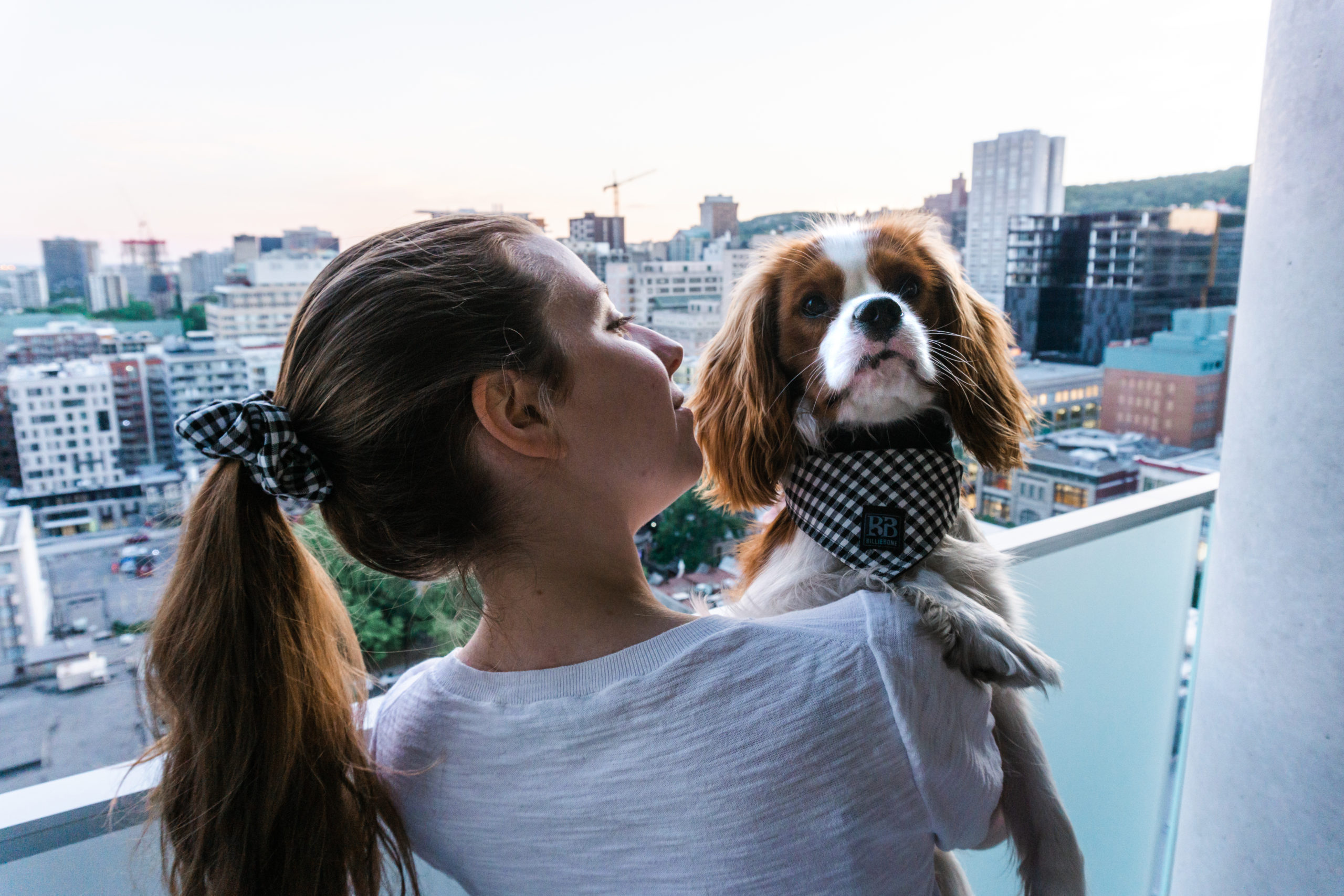 Girl and Dog in the City wearing matching Scrunchie and Bandana